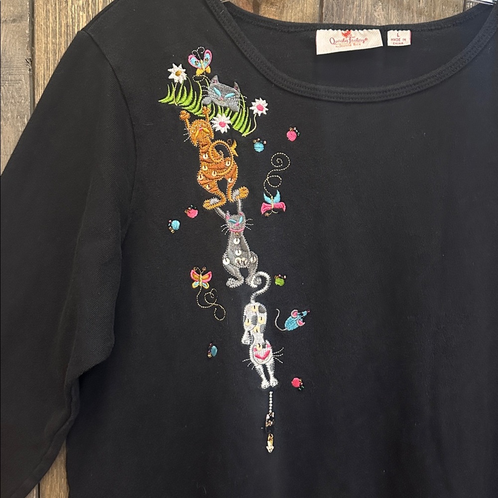 Vintage Quacker Factory Cat & Mouse Embellished Top Y2K Beaded 100% Cotton